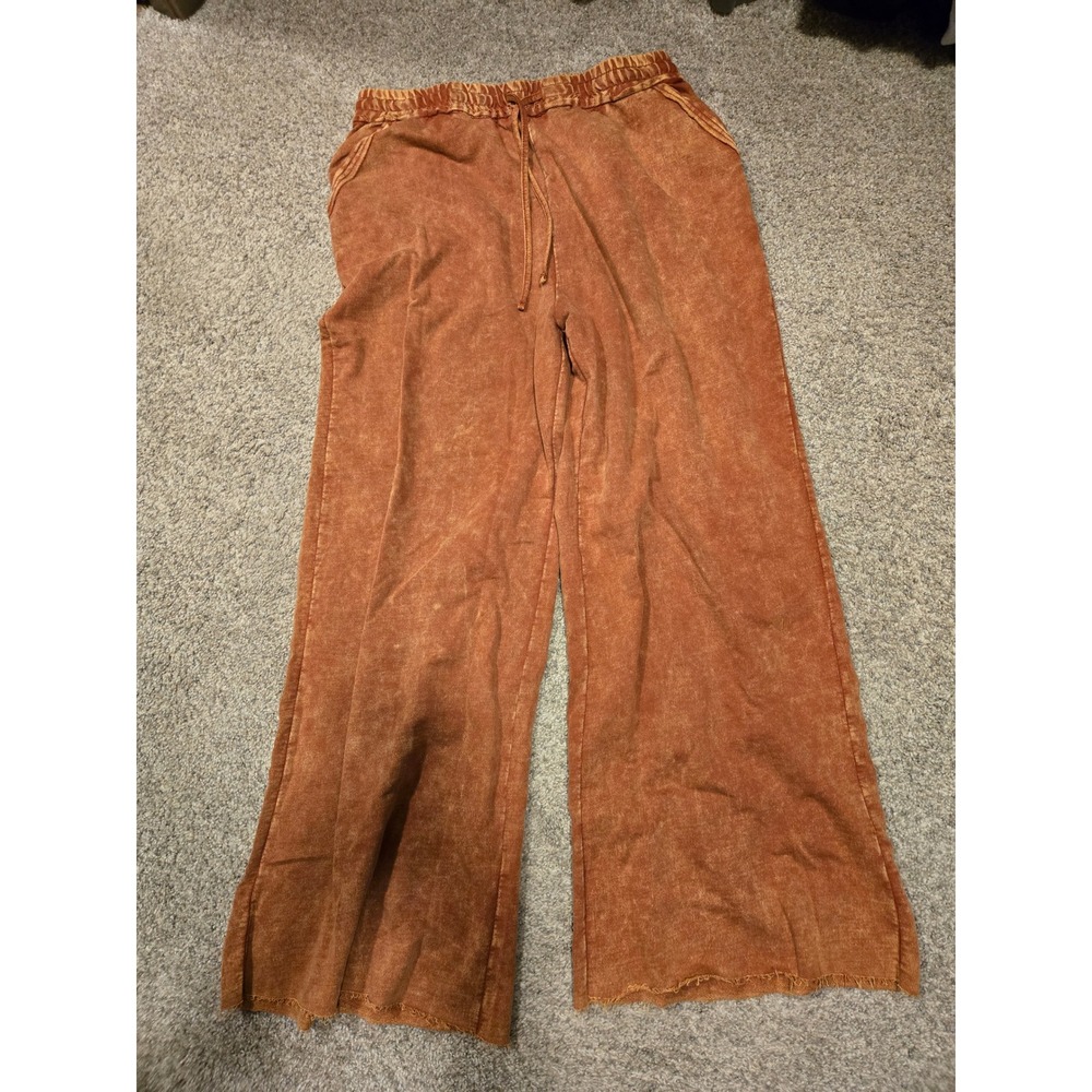 Zenana Women 2X Rust Orange Mineral Wash Wide Leg Lounge Pants Raw Hem Boho